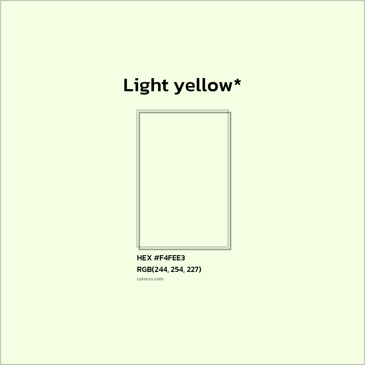 #F4FEE3 hex color. RGB, RYB, CMYK, HSL, HSV codes and color conversions. Matching color names, palettes, paints.