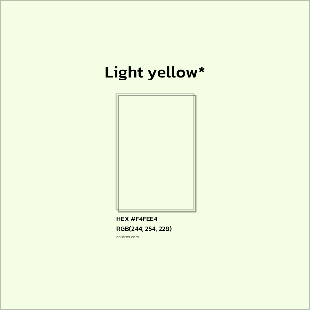 #F4FEE4 hex color. RGB, RYB, CMYK, HSL, HSV codes and color conversions. Matching color names, palettes, paints.