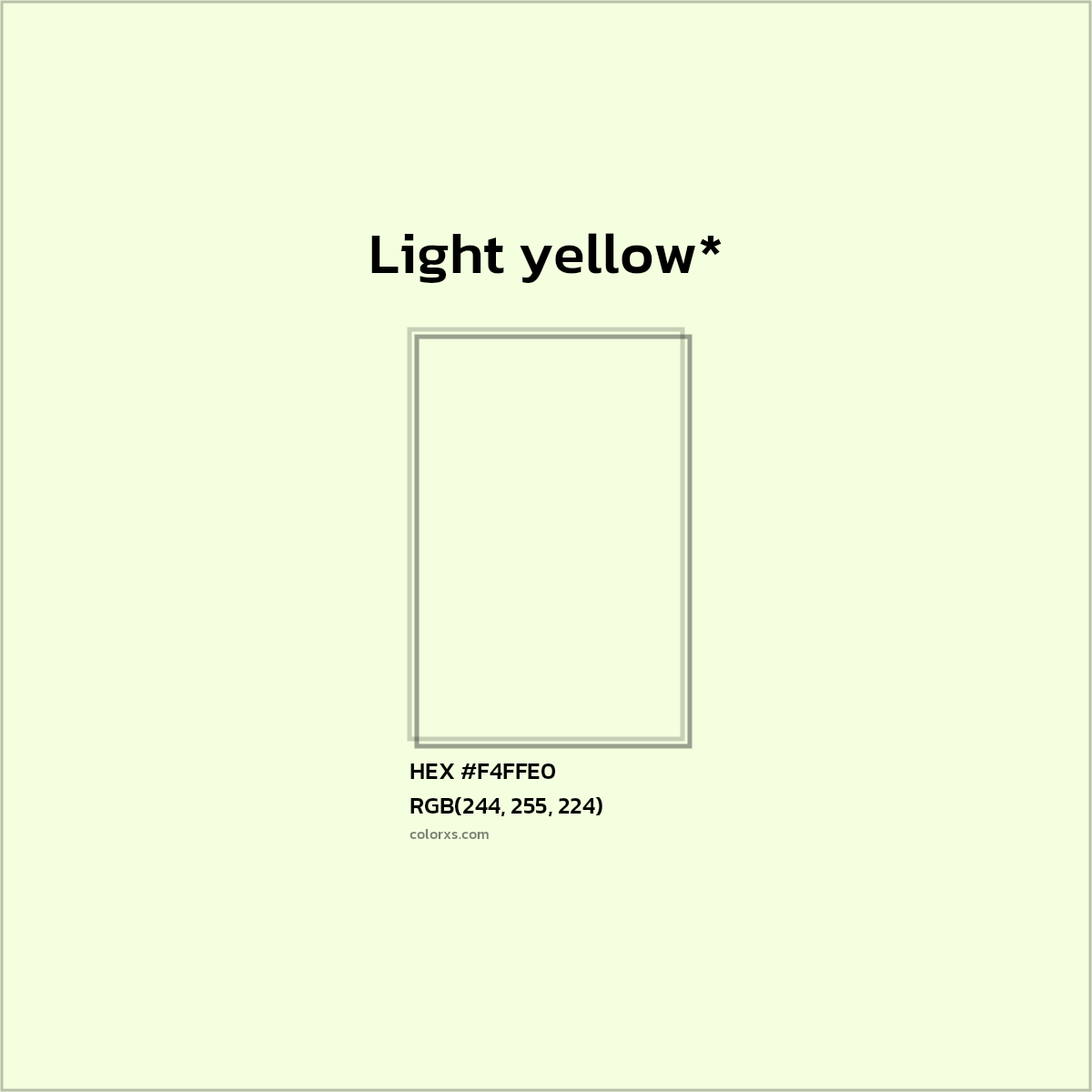 #F4FFE0 hex color. RGB, RYB, CMYK, HSL, HSV codes and color conversions. Matching color names, palettes, paints.