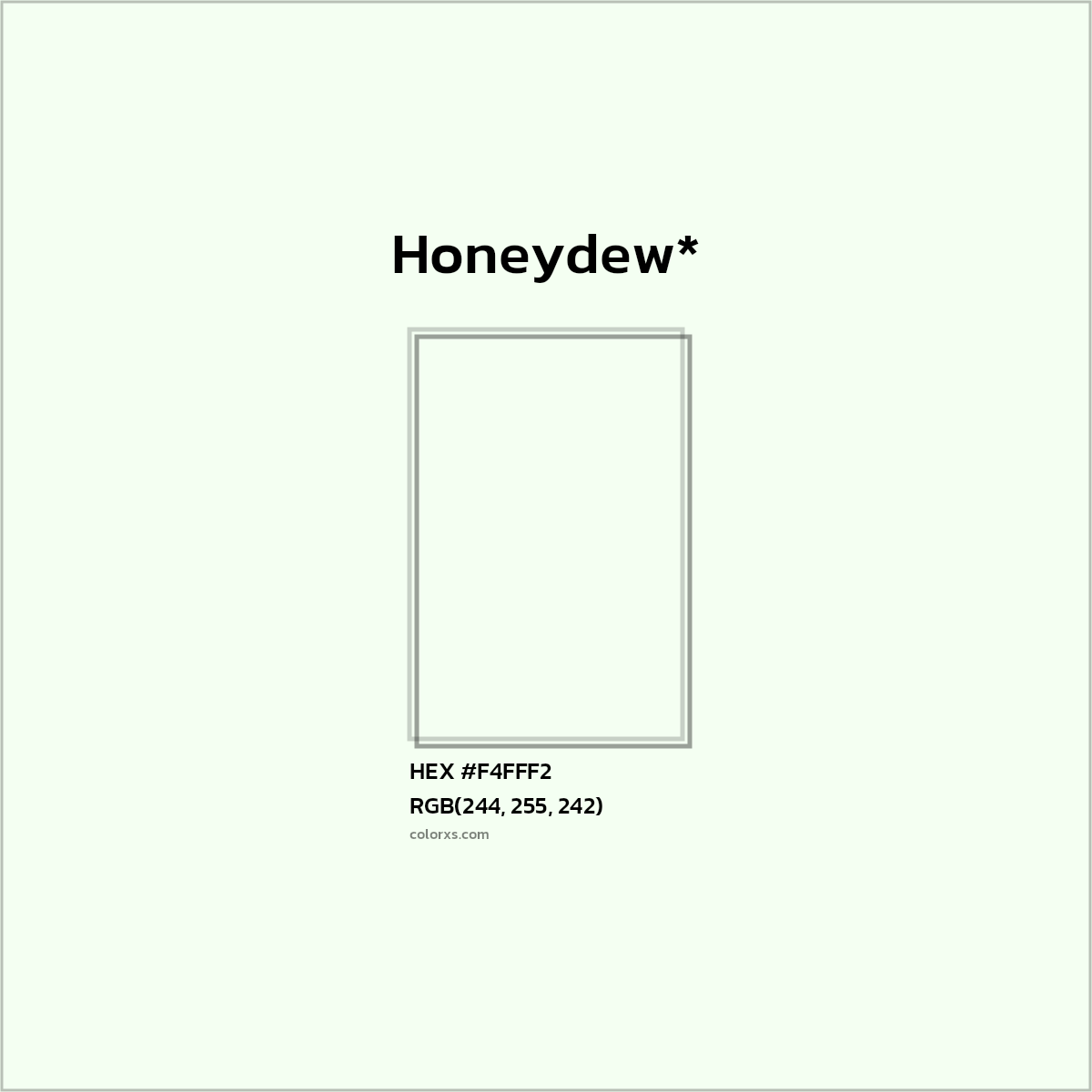 #F4FFF2 hex color. RGB, RYB, CMYK, HSL, HSV codes and color conversions. Matching color names, palettes, paints.