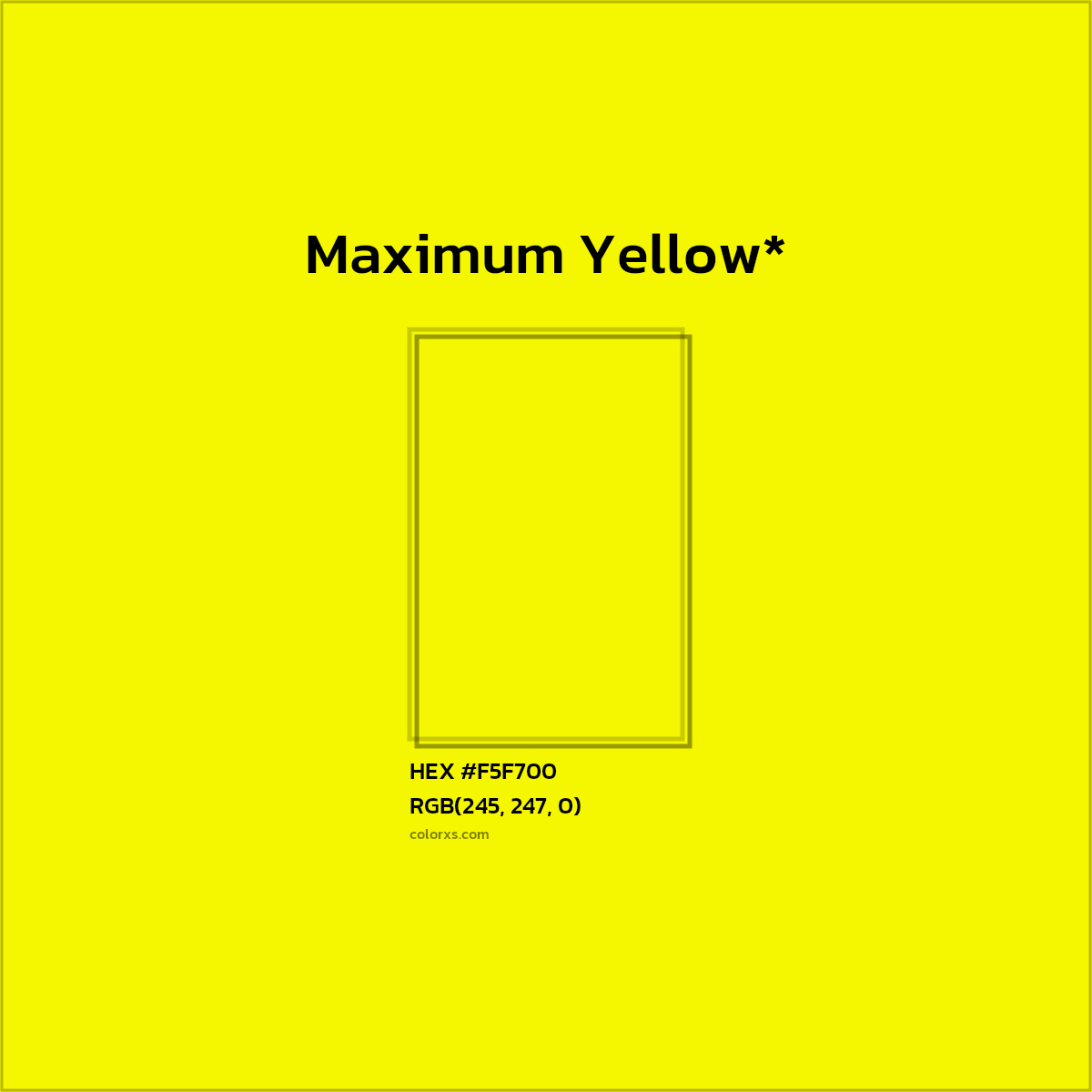 #F5F700 hex color. RGB, RYB, CMYK, HSL, HSV codes and color conversions. Matching color names, palettes, paints.