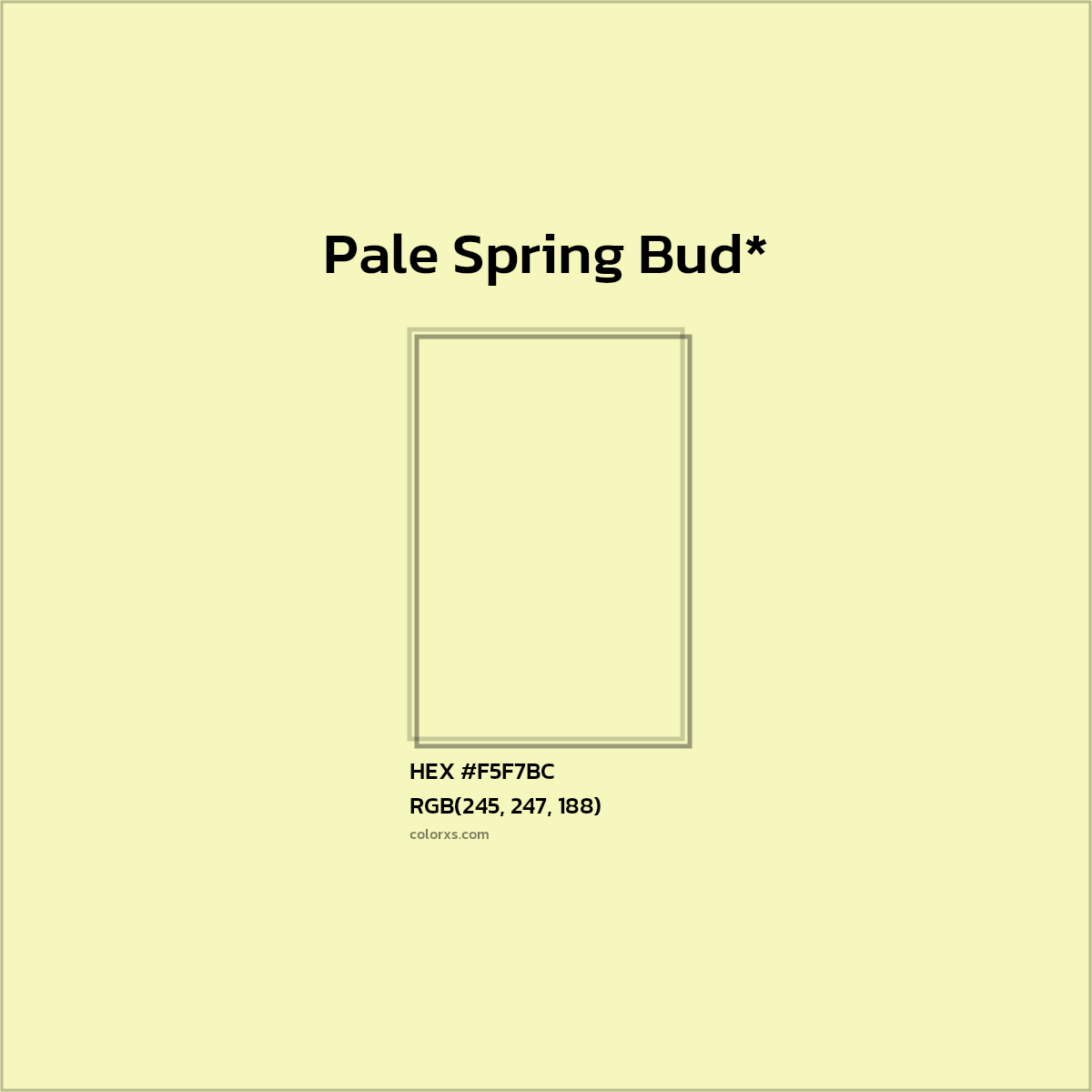 #F5F7BC hex color. RGB, RYB, CMYK, HSL, HSV codes and color conversions. Matching color names, palettes, paints.