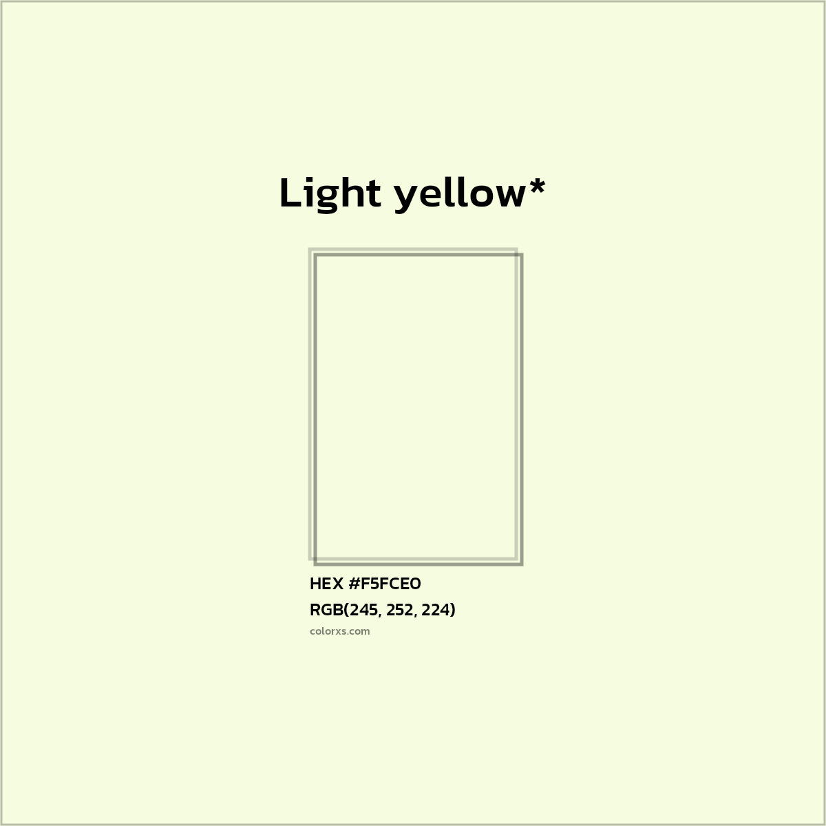 #F5FCE0 hex color. RGB, RYB, CMYK, HSL, HSV codes and color conversions. Matching color names, palettes, paints.