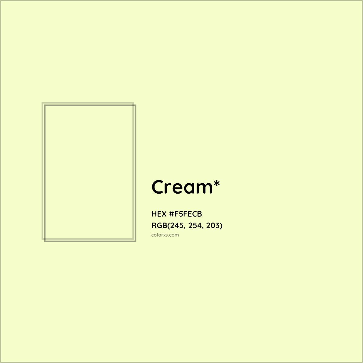 #F5FECB hex color. RGB, RYB, CMYK, HSL, HSV codes and color conversions. Matching color names, palettes, paints.