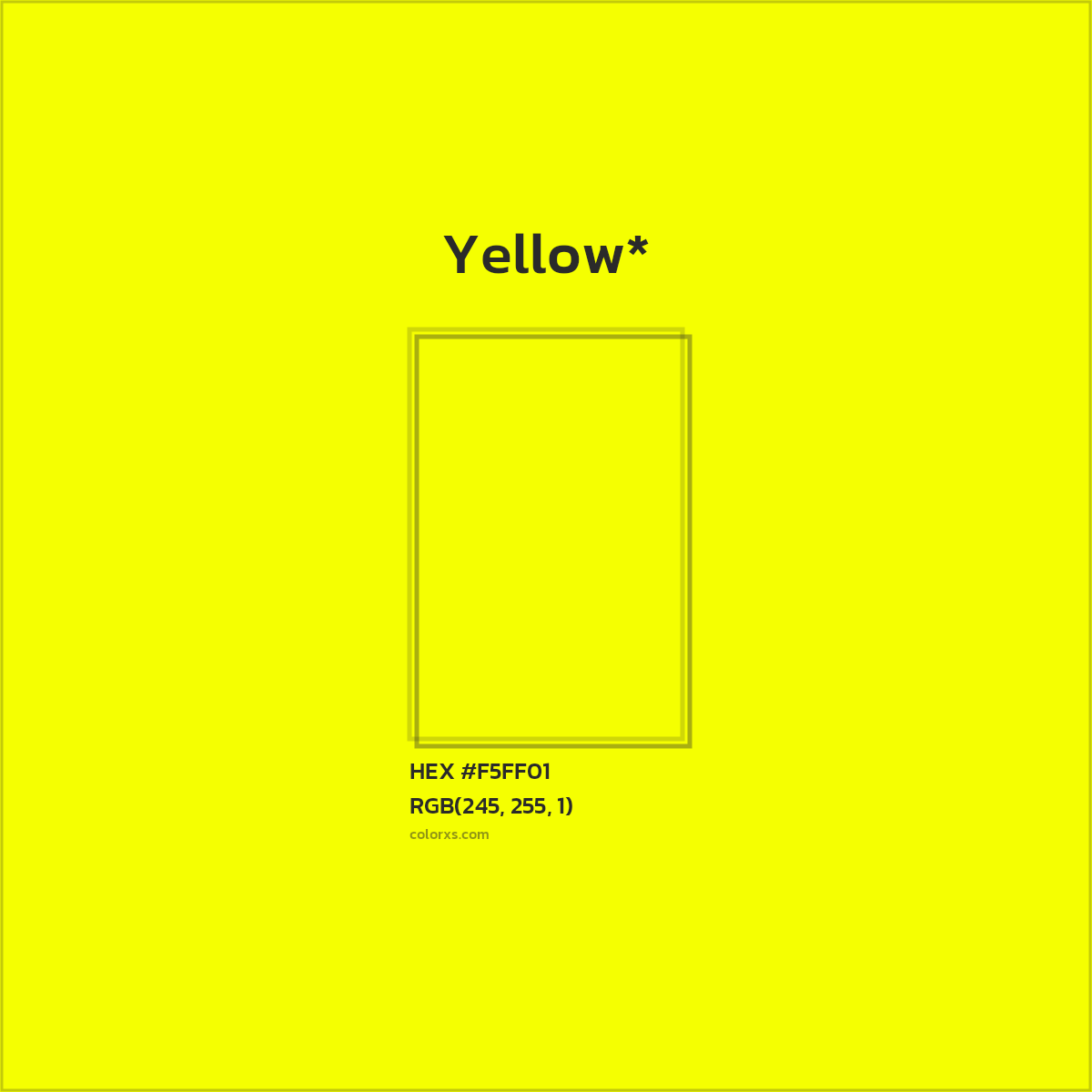 #F5FF01 hex color. RGB, RYB, CMYK, HSL, HSV codes and color conversions. Matching color names, palettes, paints.