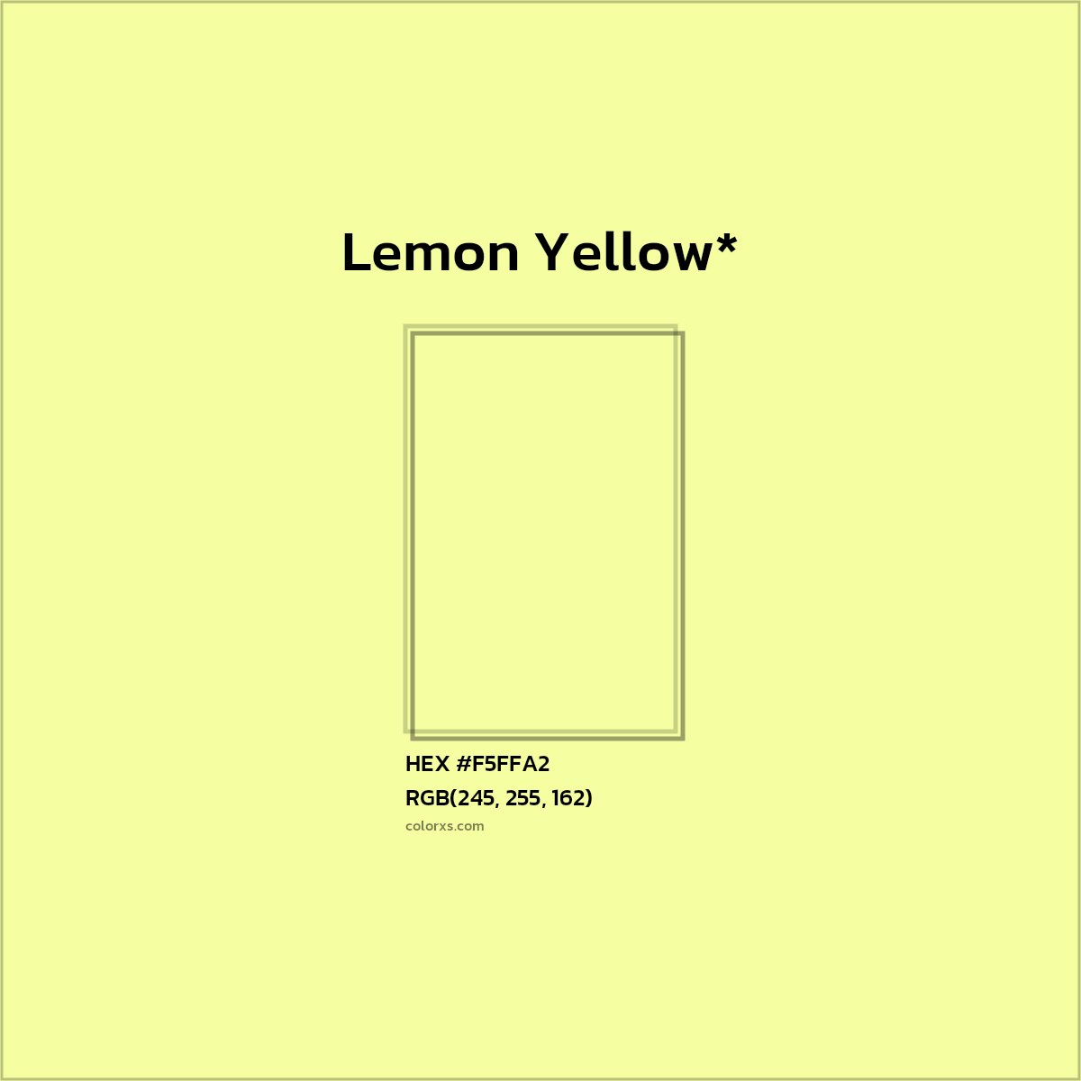 #F5FFA2 hex color. RGB, RYB, CMYK, HSL, HSV codes and color conversions. Matching color names, palettes, paints.