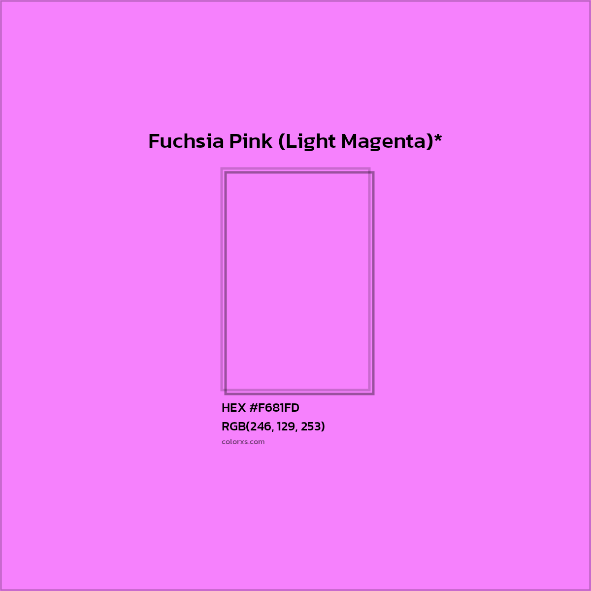 #F681FD hex color. RGB, RYB, CMYK, HSL, HSV codes and color conversions. Matching color names, palettes, paints.