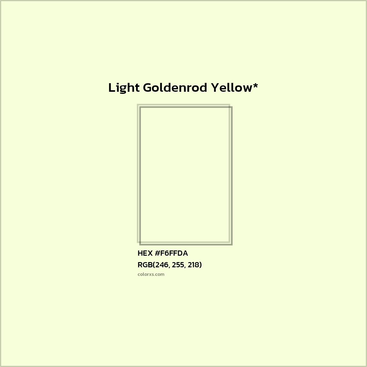 #F6FFDA hex color. RGB, RYB, CMYK, HSL, HSV codes and color conversions. Matching color names, palettes, paints.