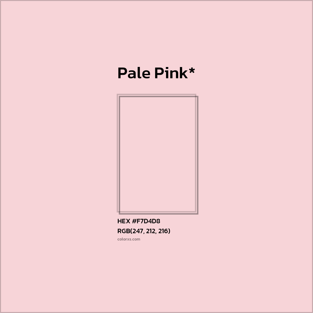 #F7D4D8 hex color. RGB, RYB, CMYK, HSL, HSV codes and color conversions. Matching color names, palettes, paints.