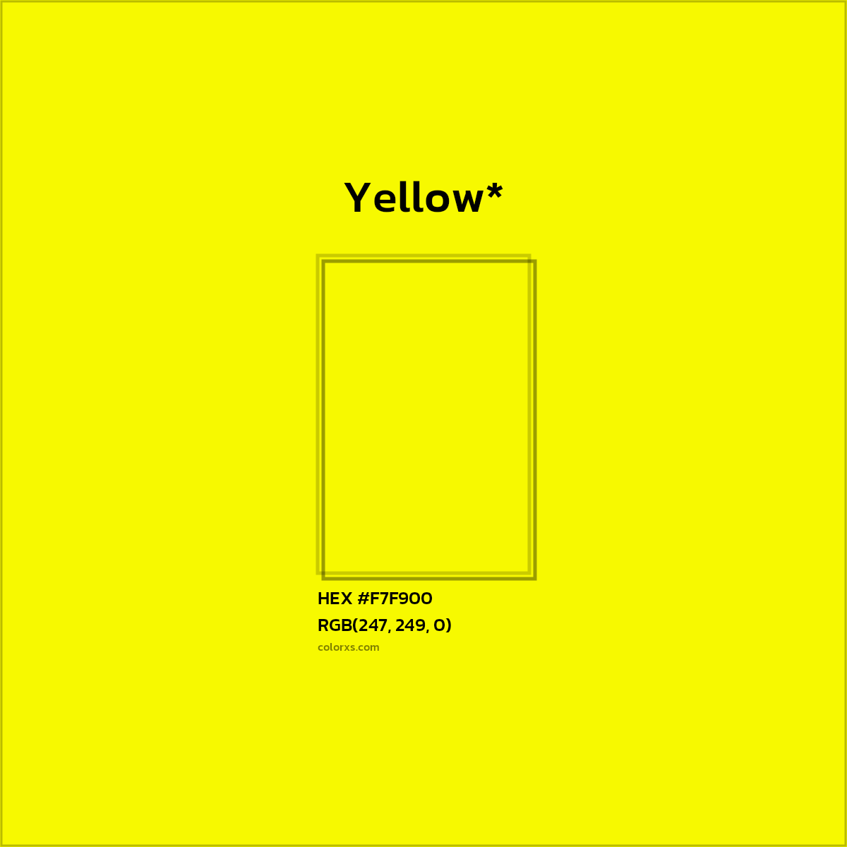 #F7F900 hex color. RGB, RYB, CMYK, HSL, HSV codes and color conversions. Matching color names, palettes, paints.