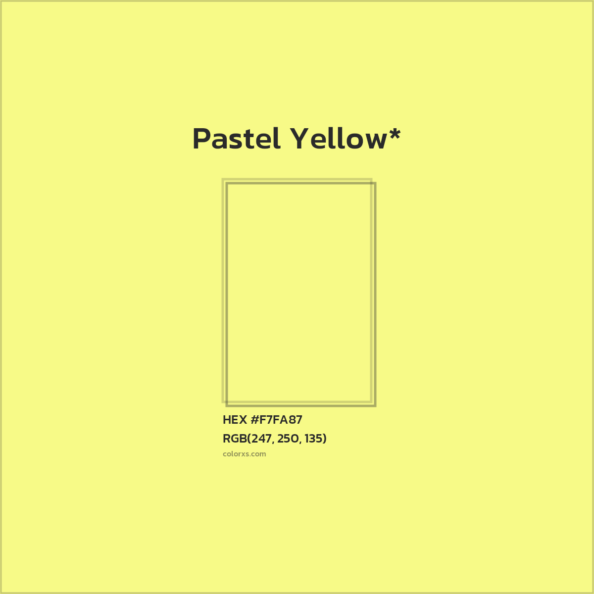 #F7FA87 hex color. RGB, RYB, CMYK, HSL, HSV codes and color conversions. Matching color names, palettes, paints.