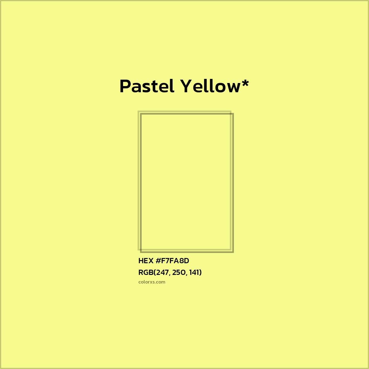 #F7FA8D hex color. RGB, RYB, CMYK, HSL, HSV codes and color conversions. Matching color names, palettes, paints.