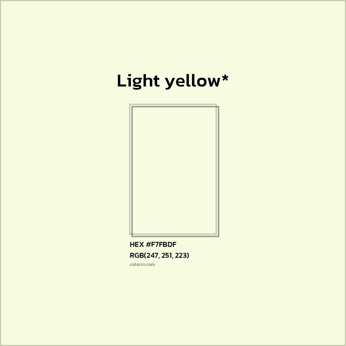#F7FBDF hex color. RGB, RYB, CMYK, HSL, HSV codes and color conversions. Matching color names, palettes, paints.