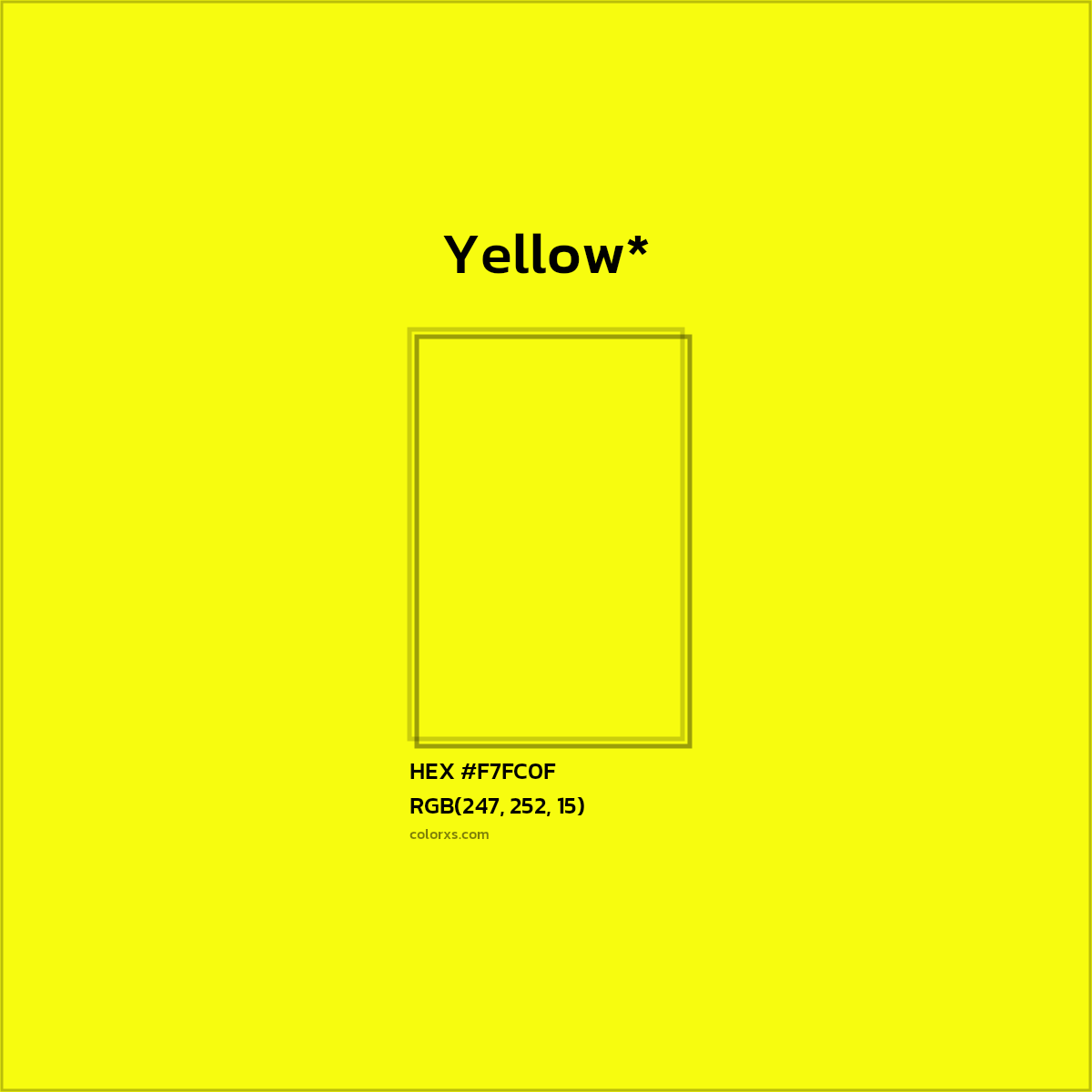 #F7FC0F hex color. RGB, RYB, CMYK, HSL, HSV codes and color conversions. Matching color names, palettes, paints.