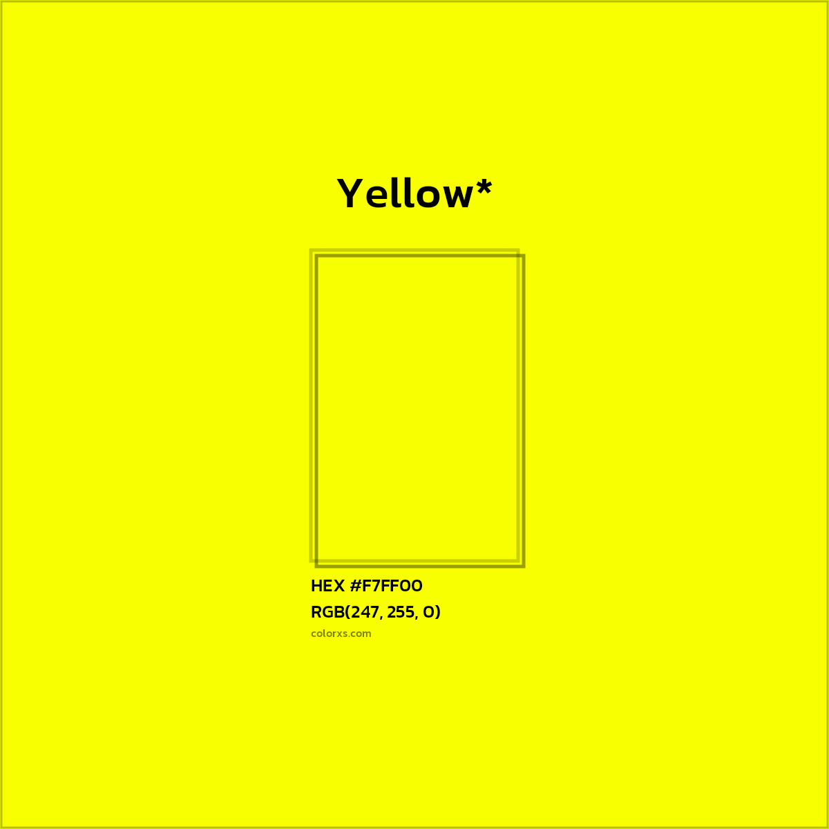 #F7FF00 hex color. RGB, RYB, CMYK, HSL, HSV codes and color conversions. Matching color names, palettes, paints.