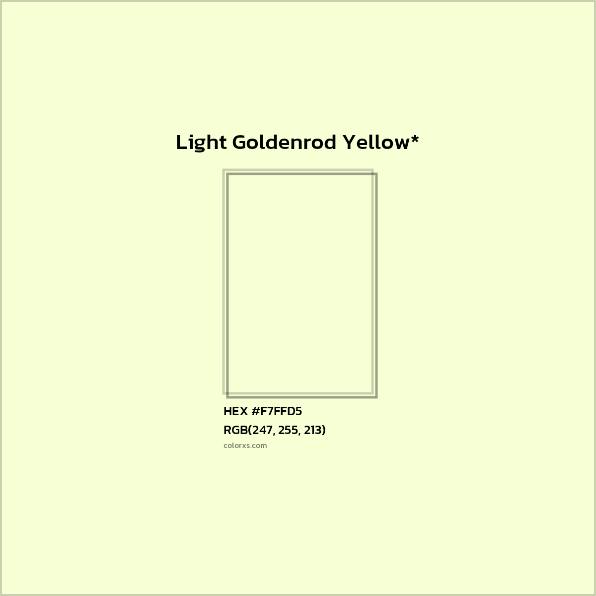 #F7FFD5 hex color. RGB, RYB, CMYK, HSL, HSV codes and color conversions. Matching color names, palettes, paints.