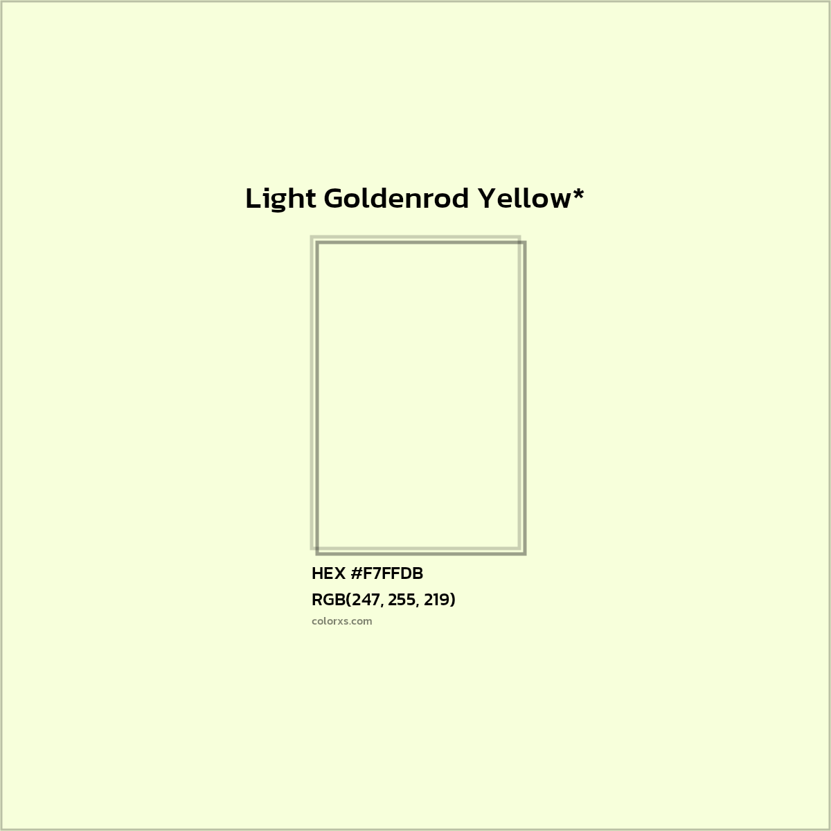 #F7FFDB hex color. RGB, RYB, CMYK, HSL, HSV codes and color conversions. Matching color names, palettes, paints.