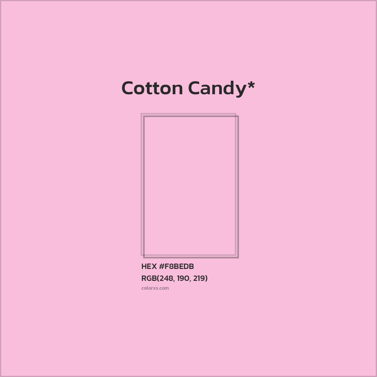 #F8BEDB hex color. RGB, RYB, CMYK, HSL, HSV codes and color conversions. Matching color names, palettes, paints.