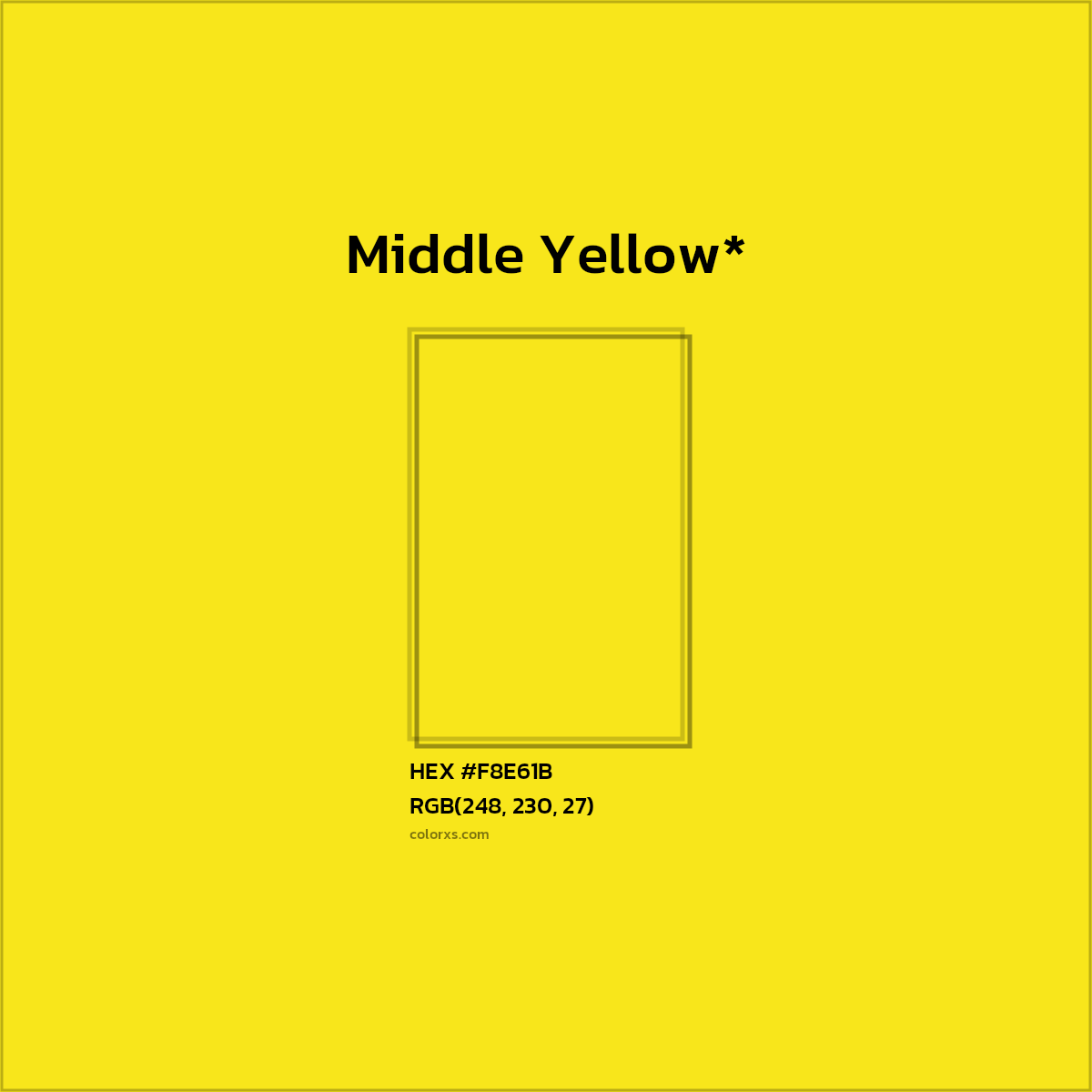 #F8E61B hex color. RGB, RYB, CMYK, HSL, HSV codes and color conversions. Matching color names, palettes, paints.