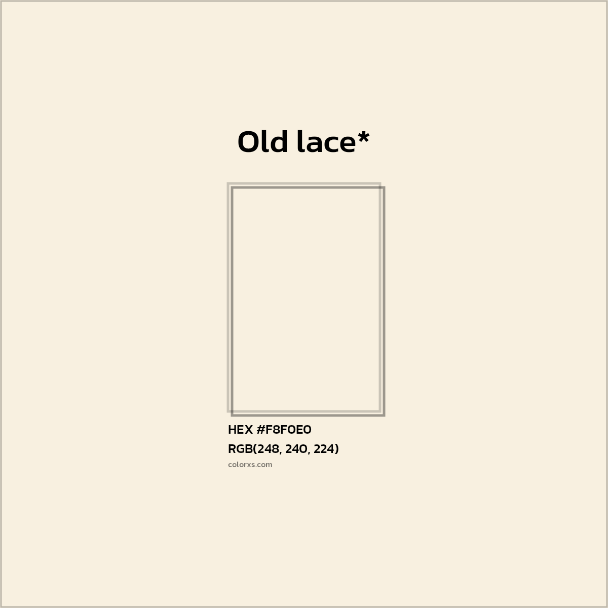 #F8F0E0 hex color. RGB, RYB, CMYK, HSL, HSV codes and color conversions. Matching color names, palettes, paints.