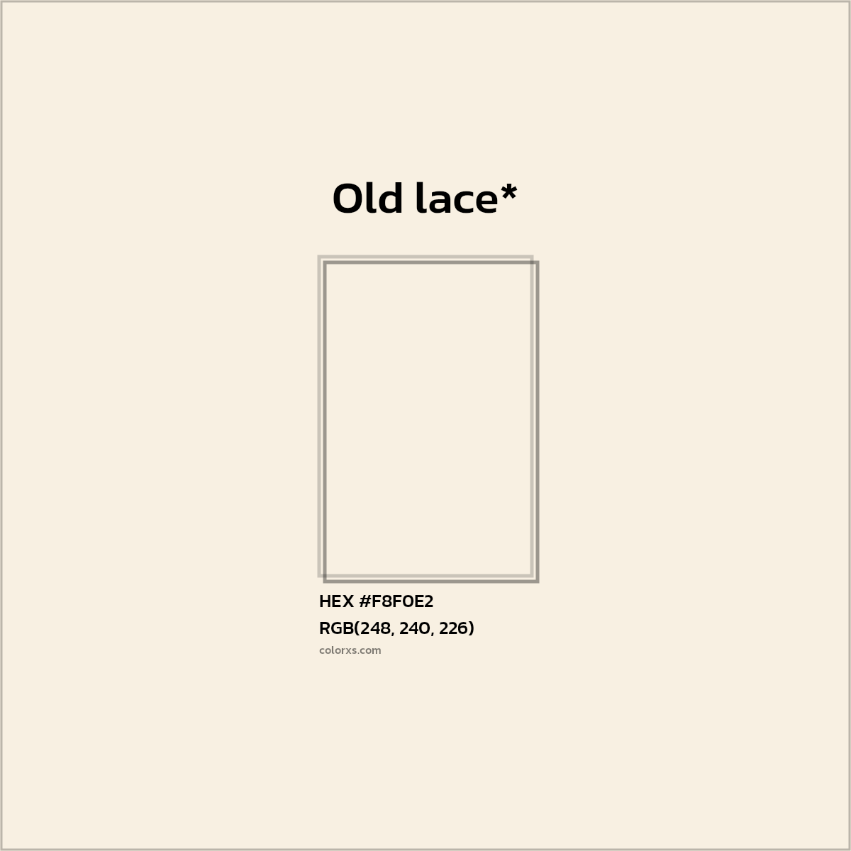 #F8F0E2 hex color. RGB, RYB, CMYK, HSL, HSV codes and color conversions. Matching color names, palettes, paints.