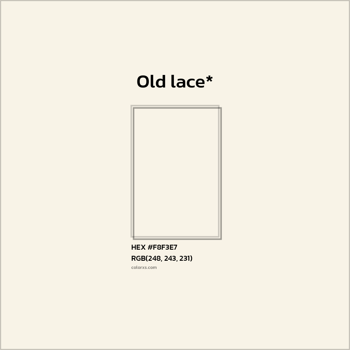 #F8F3E7 hex color. RGB, RYB, CMYK, HSL, HSV codes and color conversions. Matching color names, palettes, paints.