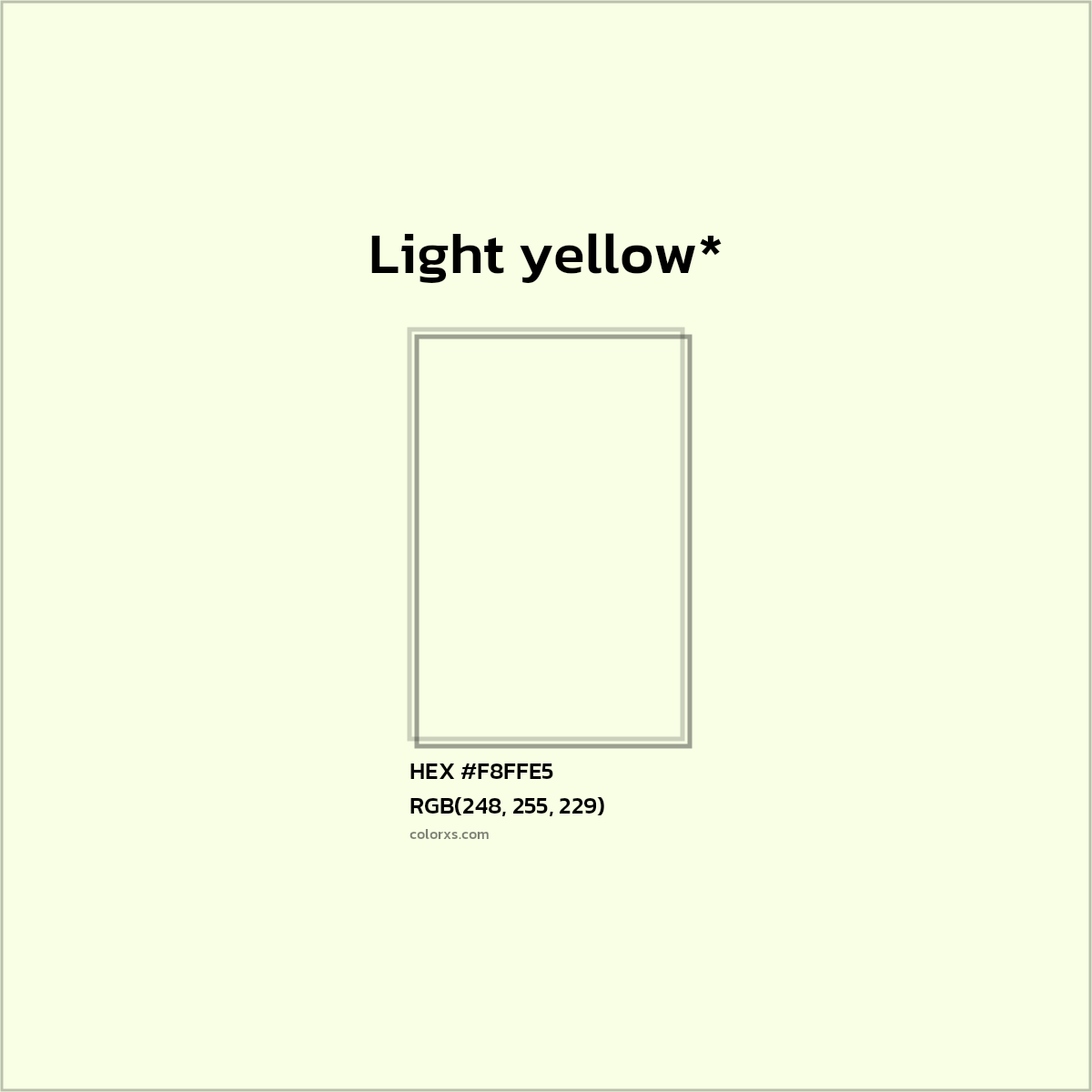 #F8FFE5 hex color. RGB, RYB, CMYK, HSL, HSV codes and color conversions. Matching color names, palettes, paints.
