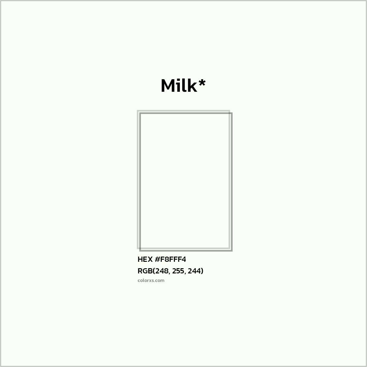 #F8FFF4 hex color. RGB, RYB, CMYK, HSL, HSV codes and color conversions. Matching color names, palettes, paints.