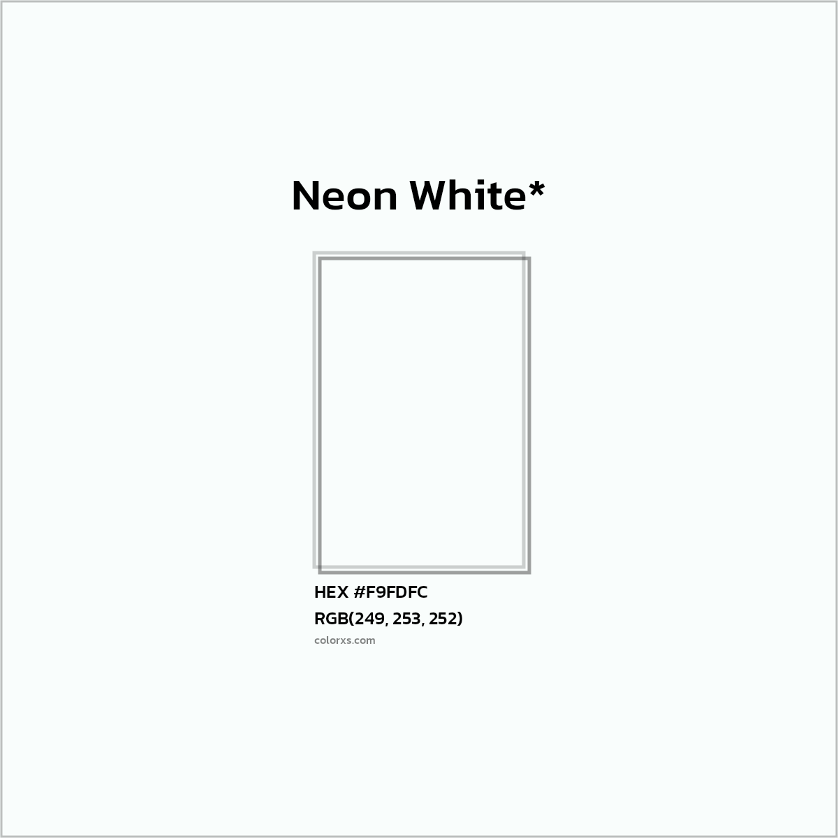 #F9FDFC hex color. RGB, RYB, CMYK, HSL, HSV codes and color conversions. Matching color names, palettes, paints.