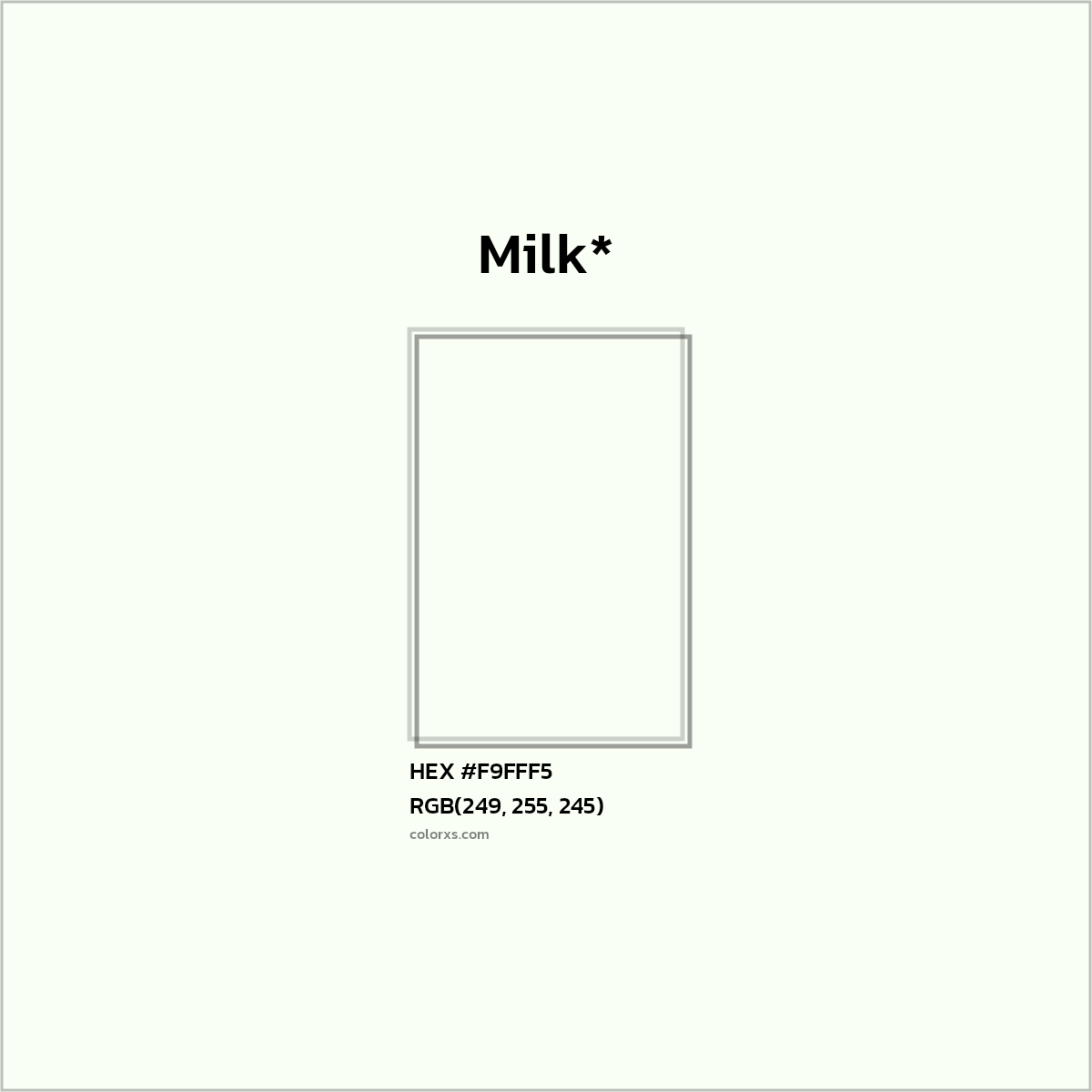 #F9FFF5 hex color. RGB, RYB, CMYK, HSL, HSV codes and color conversions. Matching color names, palettes, paints.