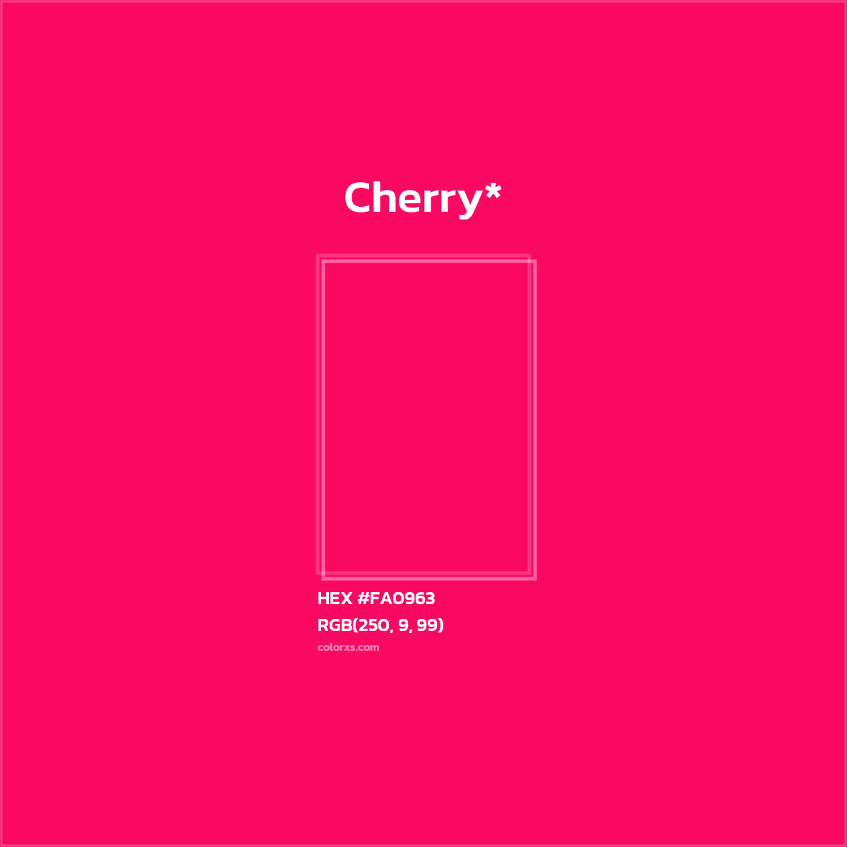 #FA0963 hex color. RGB, RYB, CMYK, HSL, HSV codes and color conversions. Matching color names, palettes, paints.