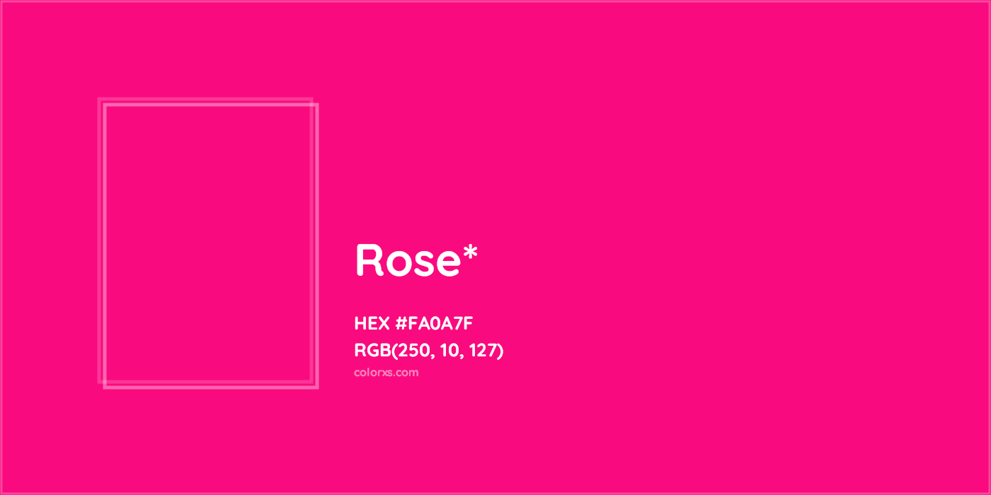 #FA0A7F hex color. RGB, RYB, CMYK, HSL, HSV codes and color conversions. Matching color names, palettes, paints.