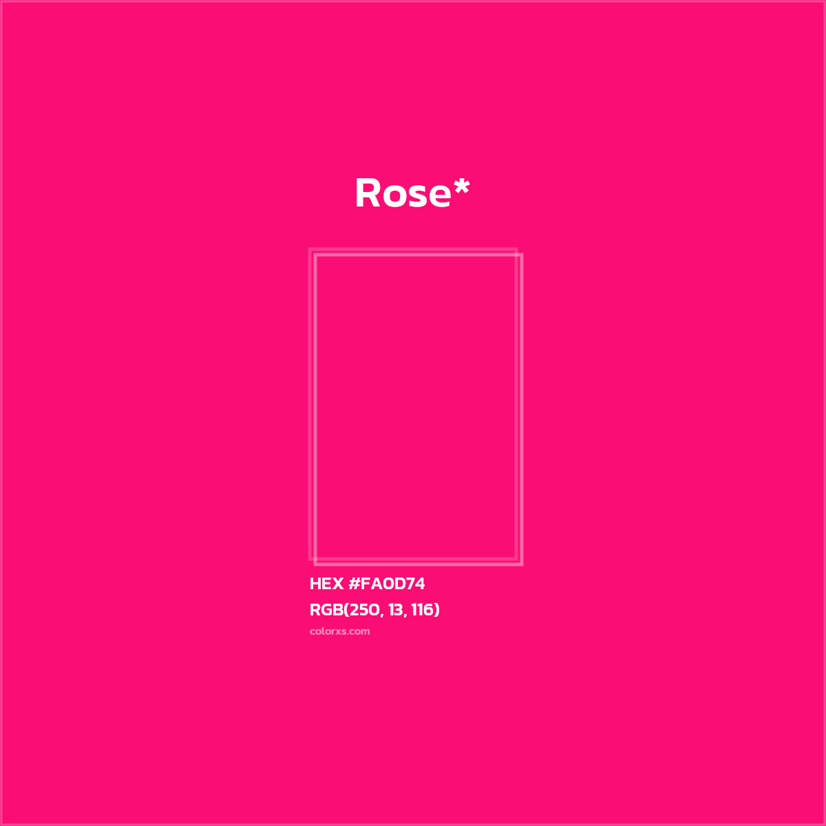 #FA0D74 hex color. RGB, RYB, CMYK, HSL, HSV codes and color conversions. Matching color names, palettes, paints.