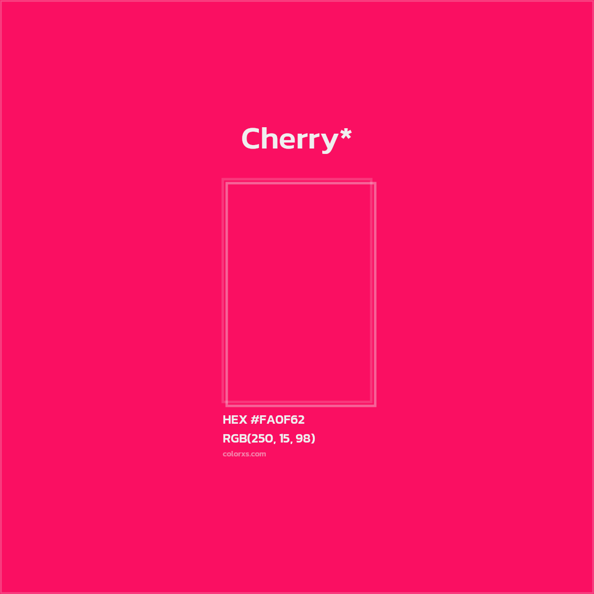 #FA0F62 hex color. RGB, RYB, CMYK, HSL, HSV codes and color conversions. Matching color names, palettes, paints.