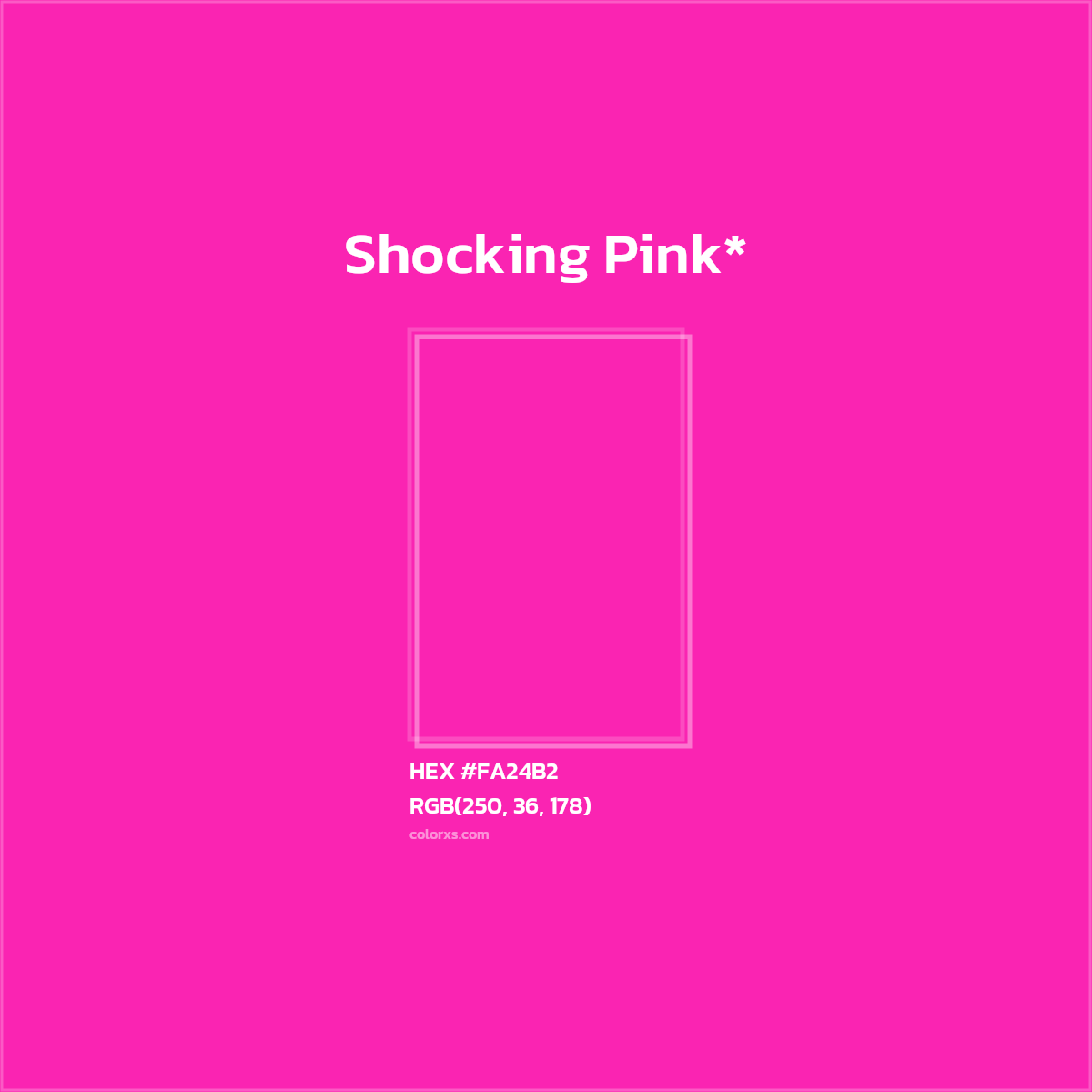 #FA24B2 hex color. RGB, RYB, CMYK, HSL, HSV codes and color conversions. Matching color names, palettes, paints.