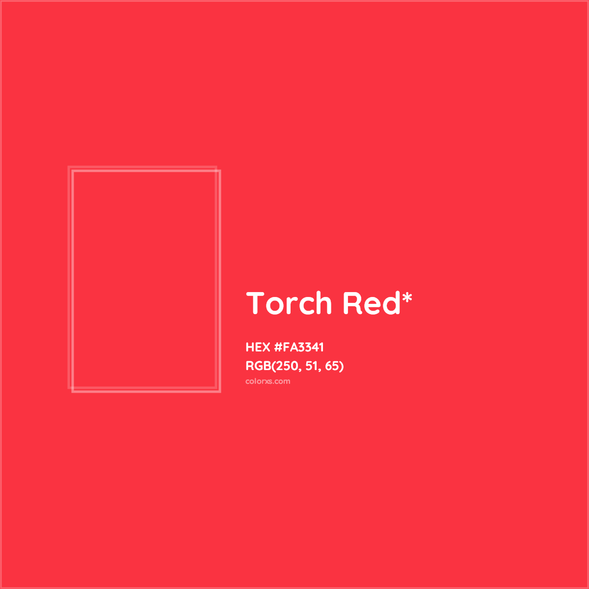 #FA3341 hex color. RGB, RYB, CMYK, HSL, HSV codes and color conversions. Matching color names, palettes, paints.