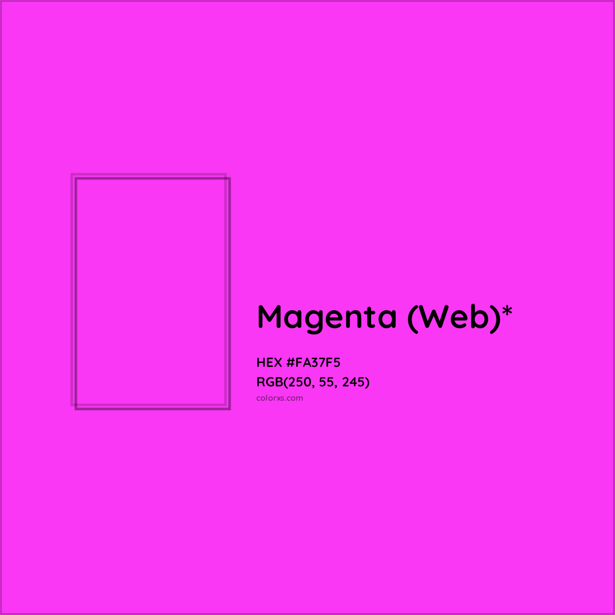 #FA37F5 hex color. RGB, RYB, CMYK, HSL, HSV codes and color conversions. Matching color names, palettes, paints.