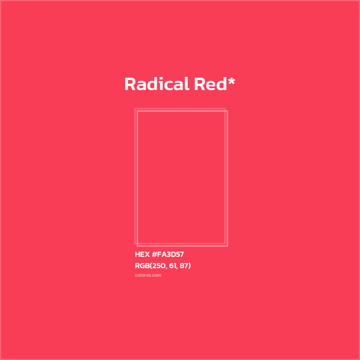 #FA3D57 hex color. RGB, RYB, CMYK, HSL, HSV codes and color conversions. Matching color names, palettes, paints.