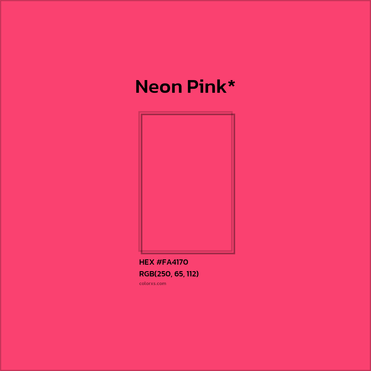 #FA4170 hex color. RGB, RYB, CMYK, HSL, HSV codes and color conversions. Matching color names, palettes, paints.