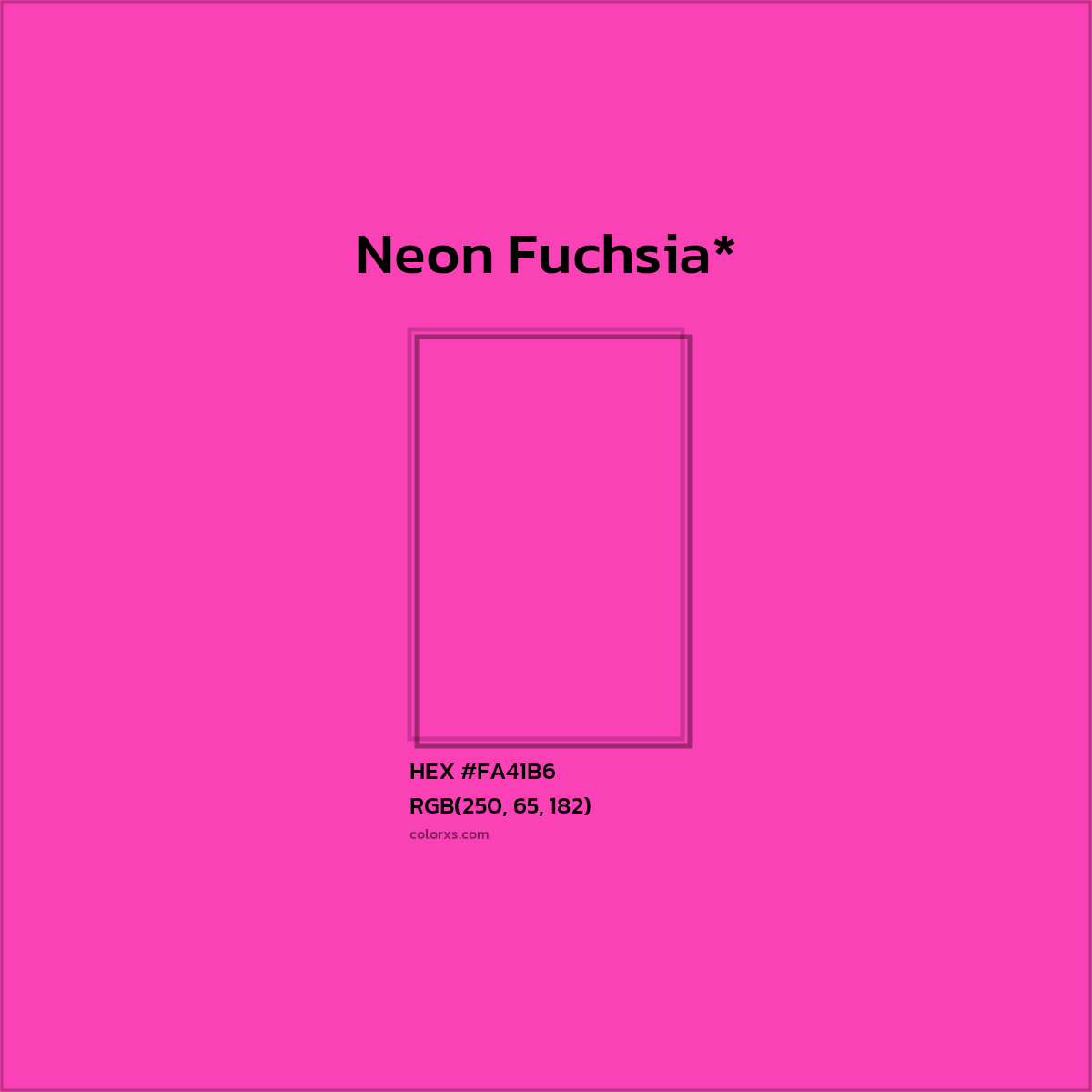 #FA41B6 hex color. RGB, RYB, CMYK, HSL, HSV codes and color conversions. Matching color names, palettes, paints.