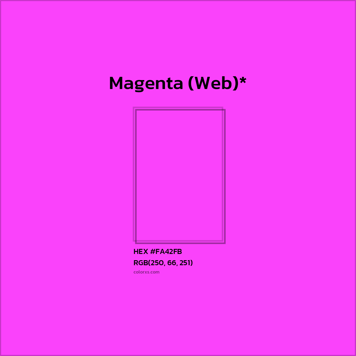 #FA42FB hex color. RGB, RYB, CMYK, HSL, HSV codes and color conversions. Matching color names, palettes, paints.