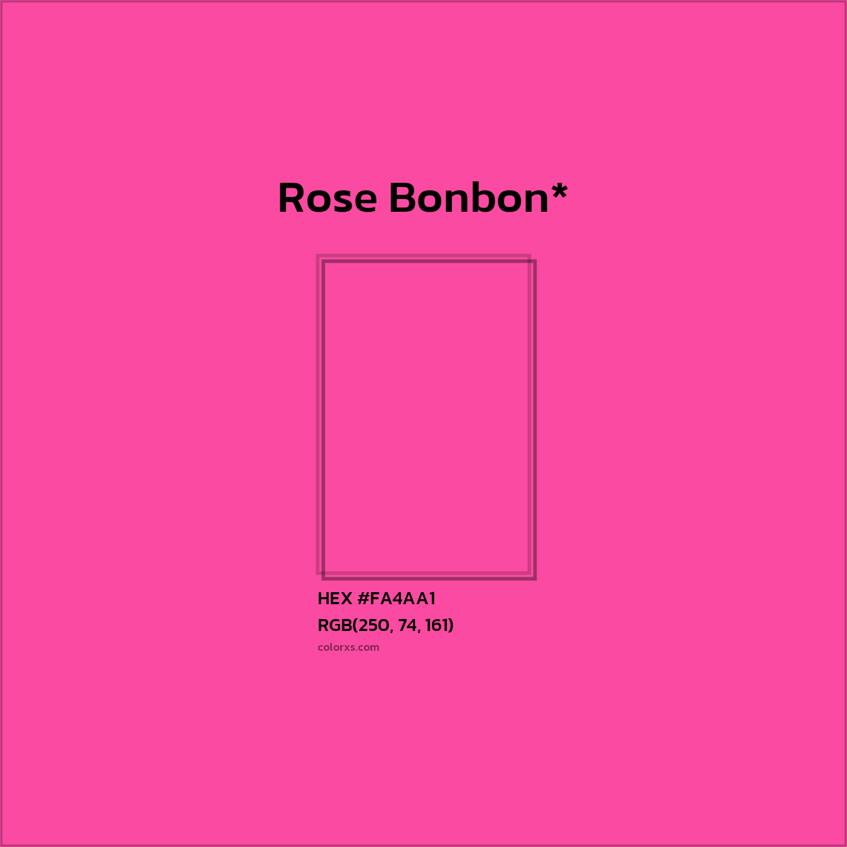#FA4AA1 hex color. RGB, RYB, CMYK, HSL, HSV codes and color conversions. Matching color names, palettes, paints.