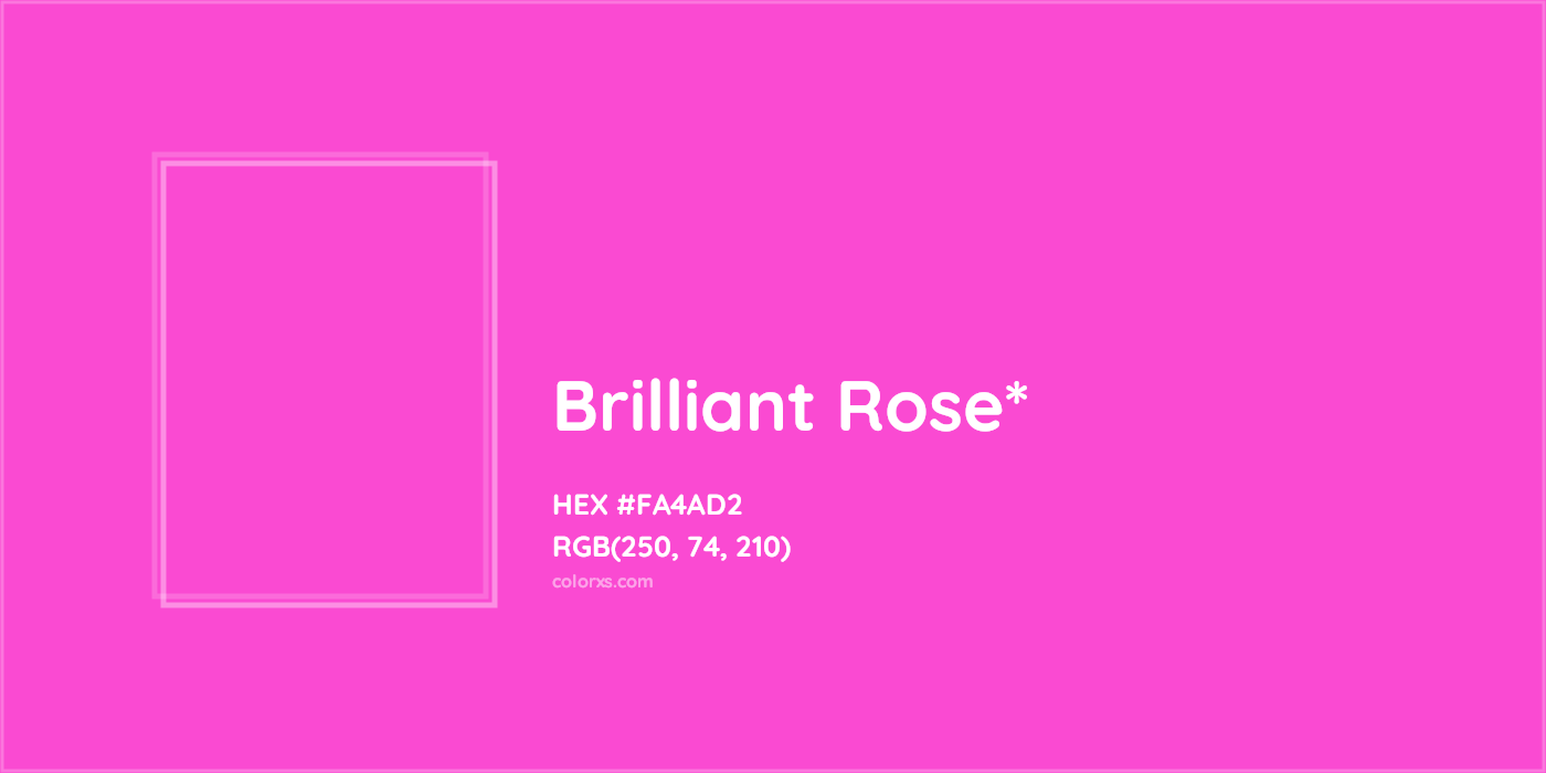 #FA4AD2 hex color. RGB, RYB, CMYK, HSL, HSV codes and color conversions. Matching color names, palettes, paints.