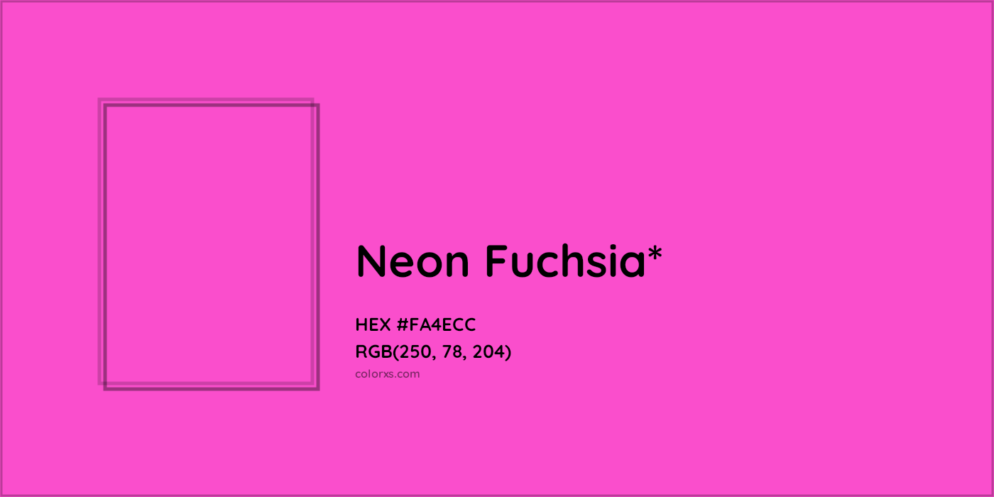 #FA4ECC hex color. RGB, RYB, CMYK, HSL, HSV codes and color conversions. Matching color names, palettes, paints.