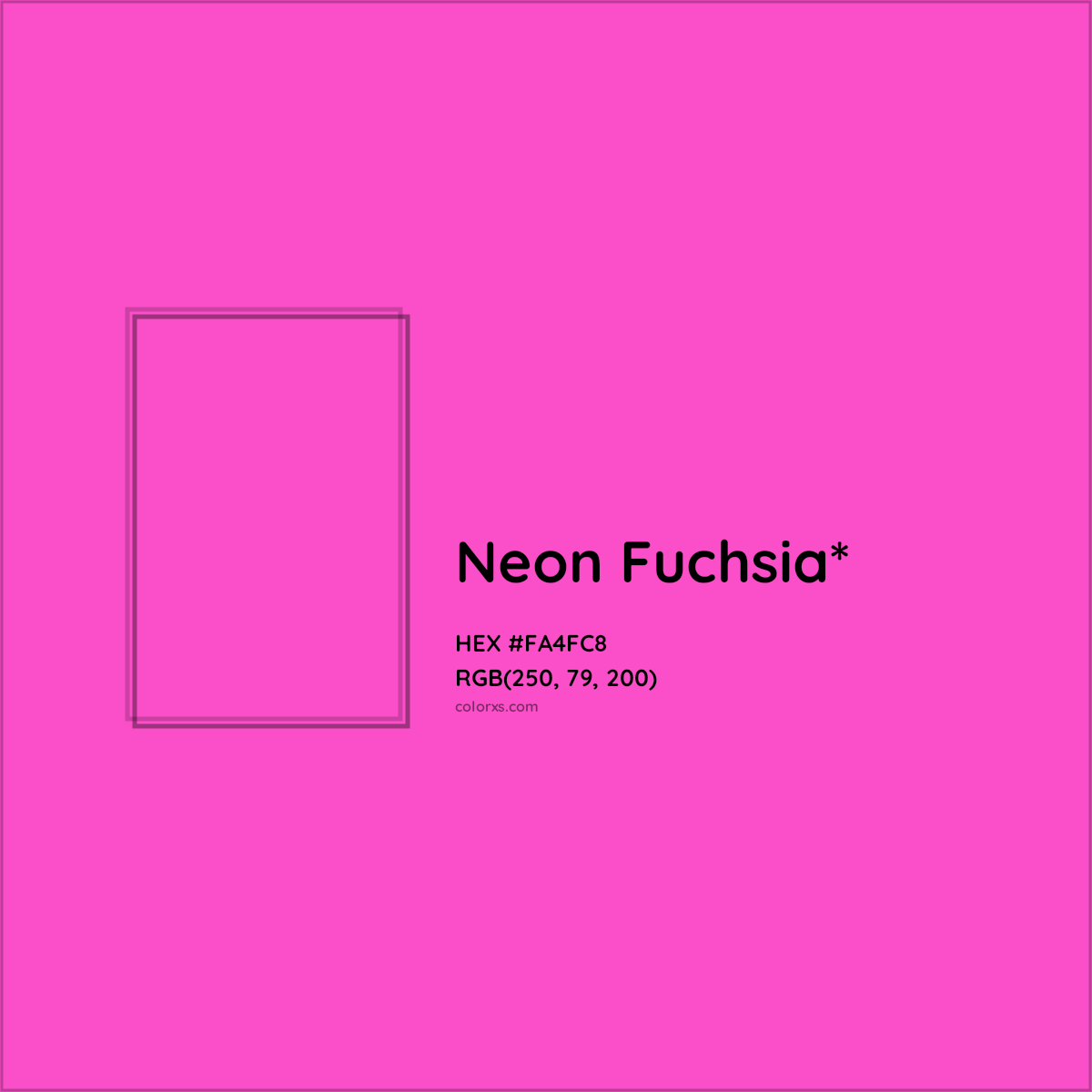 #FA4FC8 hex color. RGB, RYB, CMYK, HSL, HSV codes and color conversions. Matching color names, palettes, paints.