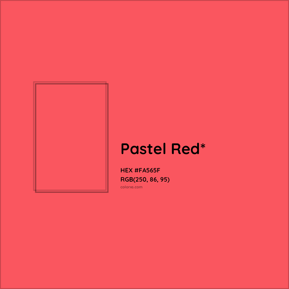 #FA565F hex color. RGB, RYB, CMYK, HSL, HSV codes and color conversions. Matching color names, palettes, paints.