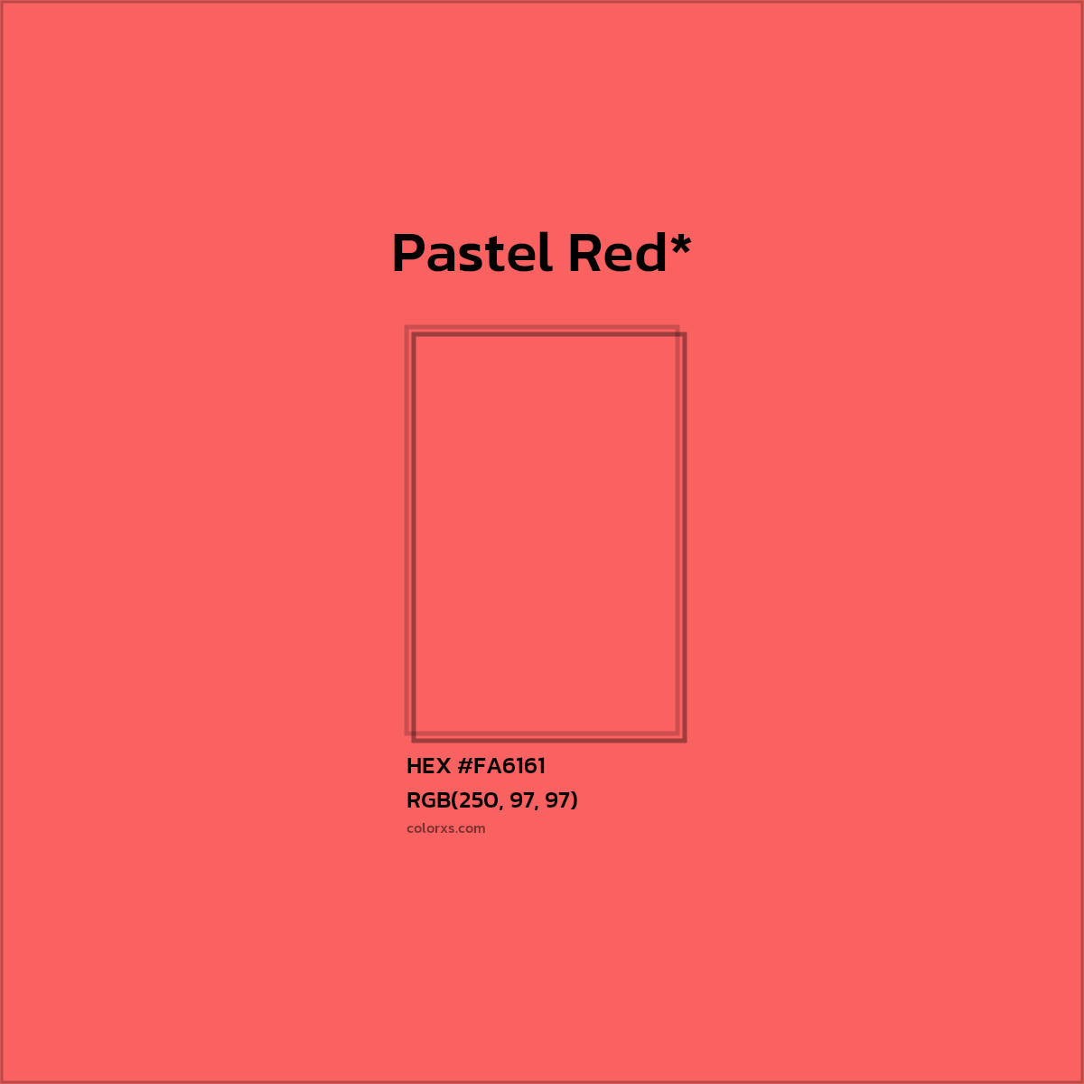#FA6161 hex color. RGB, RYB, CMYK, HSL, HSV codes and color conversions. Matching color names, palettes, paints.