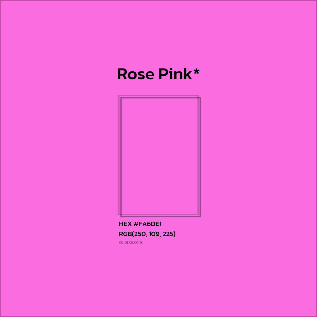 #FA6DE1 hex color. RGB, RYB, CMYK, HSL, HSV codes and color conversions. Matching color names, palettes, paints.