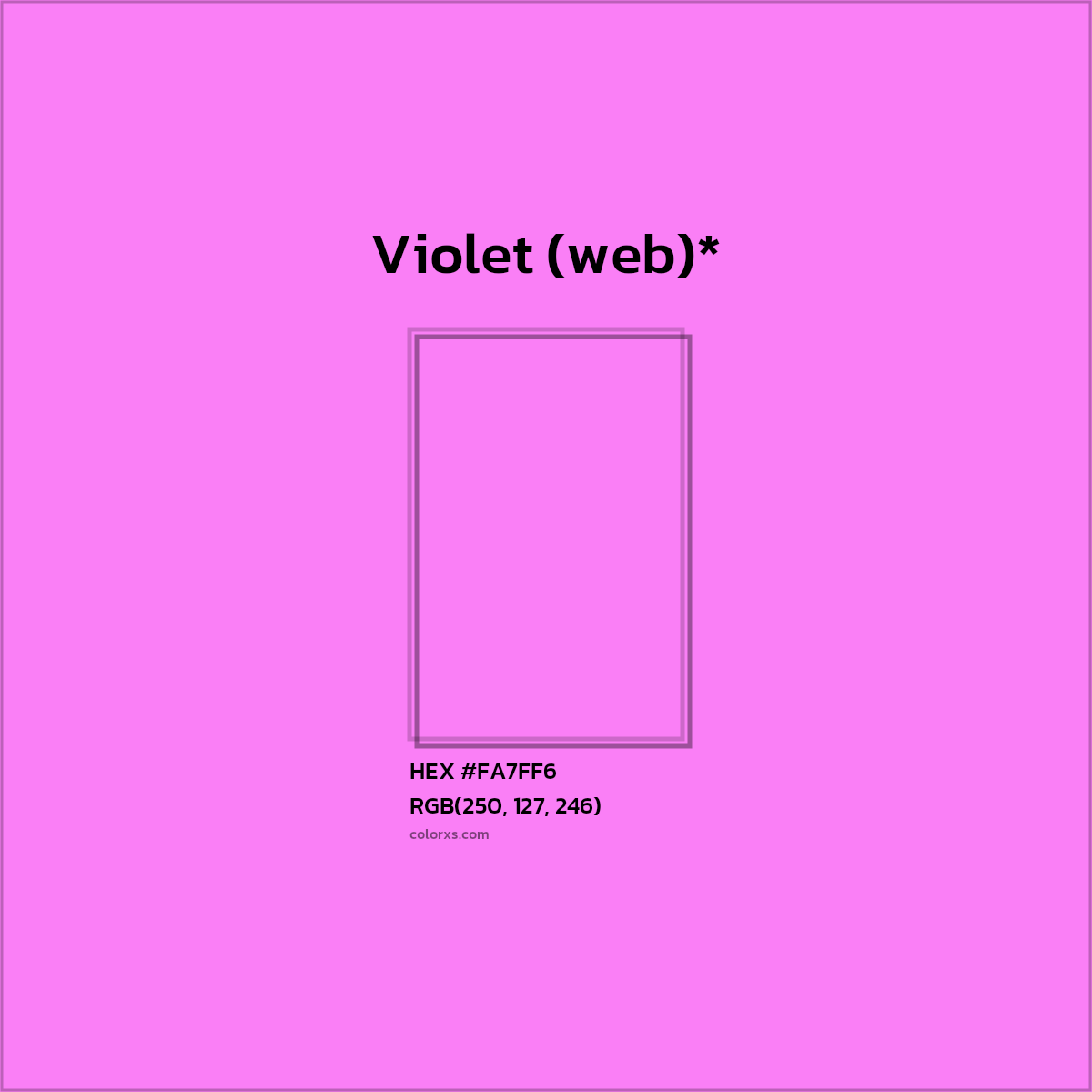 #FA7FF6 hex color. RGB, RYB, CMYK, HSL, HSV codes and color conversions. Matching color names, palettes, paints.