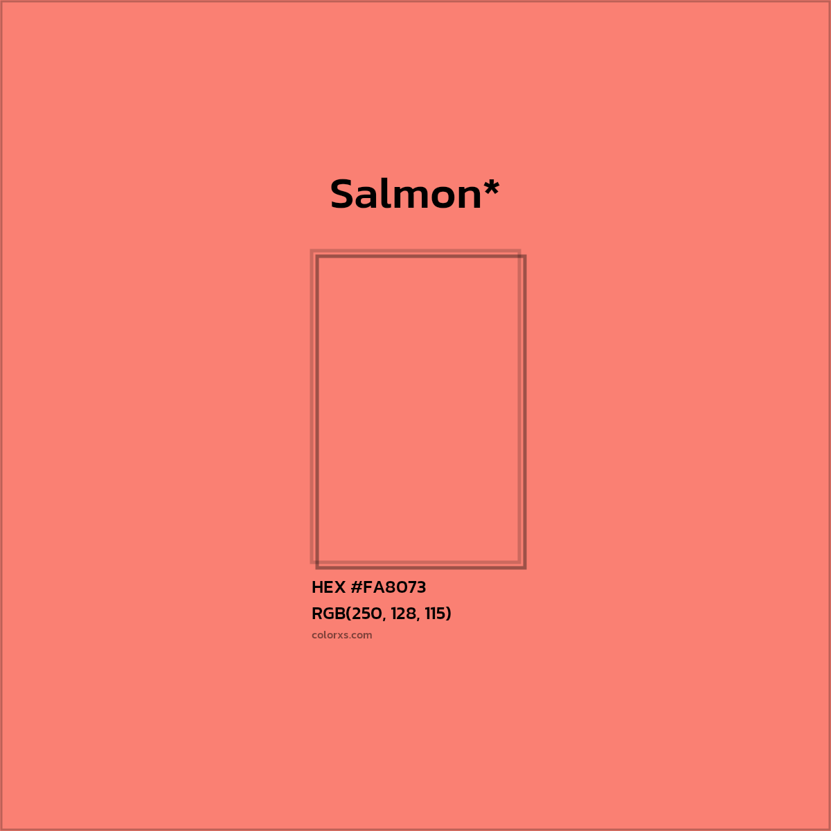 #FA8073 hex color. RGB, RYB, CMYK, HSL, HSV codes and color conversions. Matching color names, palettes, paints.